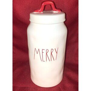 RAE DUNN MERRY Canister 9.5” Red Handle Magenta Ceramic Collectible, Kitchen